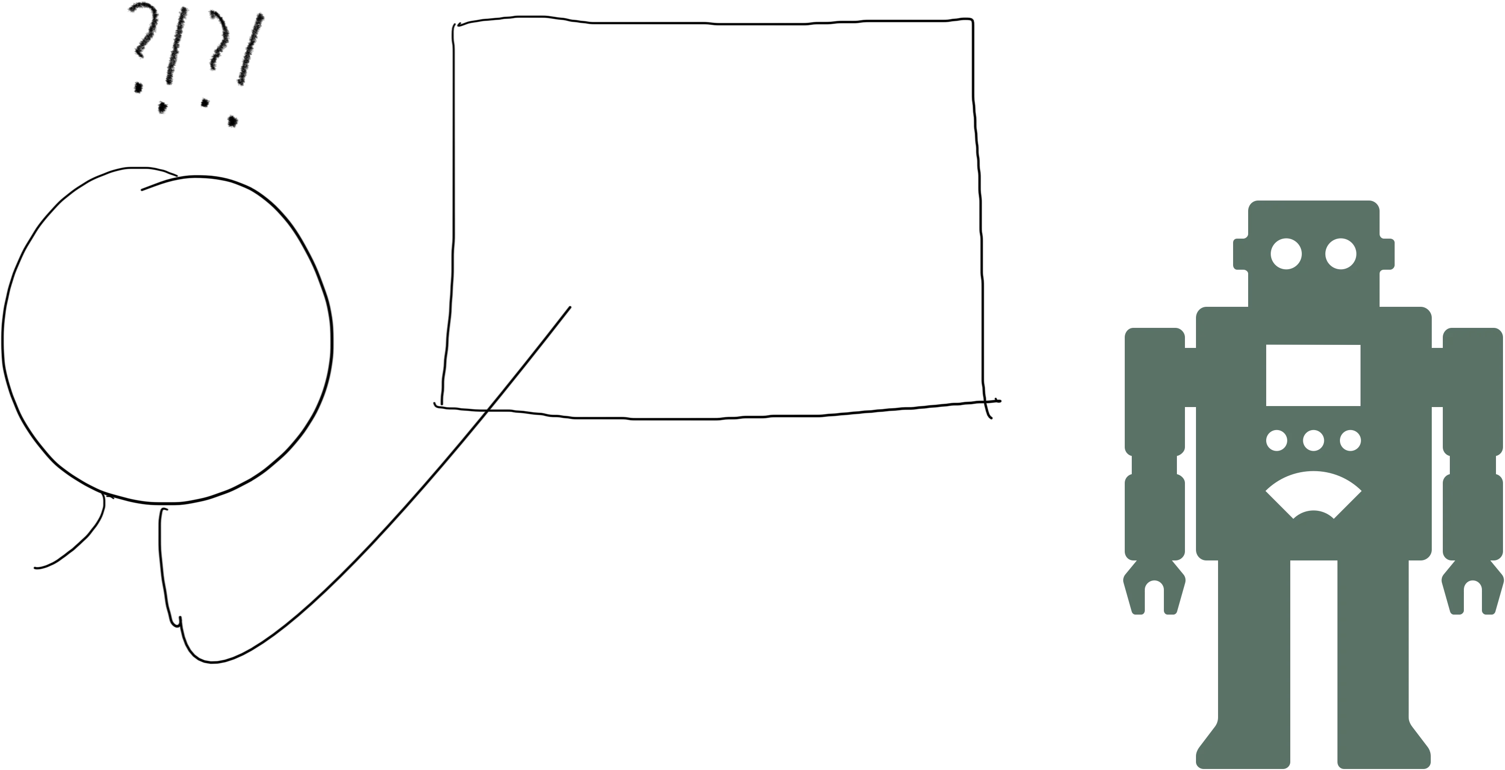 Hand-drawn sketch of a confused stick figure with question marks and exclamation points over its head, a screen between the stick figure and a robot on the other side surrounded by binary code: 01100001 01100010 01110011 01101111 01101100 01110101 01110100 01100101 01101100 01111001 00101100 00100000 01101000 01100101 01110010 01100101 00100000 01111001 01101111 01110101 00100000 01100111 01101111 00100001.