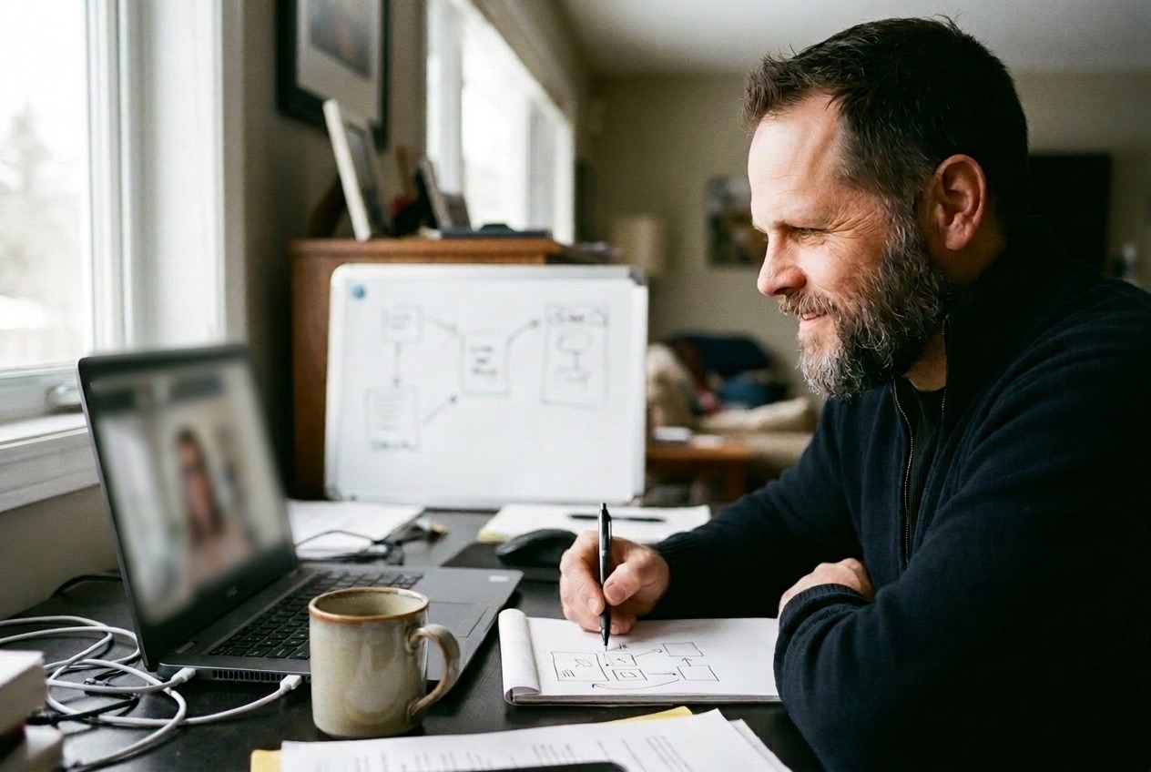 Generated image of Derek (mid-torso and up, facing to the left) sitting at a dark wooden desk, looking at a blurry screen on the computer, engaging in a remote meeting session. Derek is smiling and has whiteboards in the background, pads of paper and pens on the desk, with a mug.
