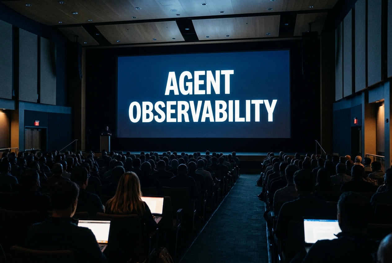 Reconstructed view from within a darkened auditorium toward a lit screen reading "Agent Observability". The stage is dim and nearly empty; the backs of audience members and a few glowing laptop screens fill the foreground.