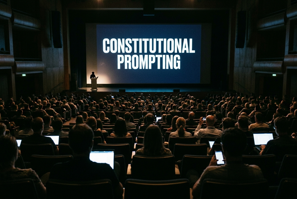 Reconstructed view from within a darkened auditorium toward a lit screen reading "Constitutional Prompting". The stage is dim and nearly empty; the backs of audience members and glowing laptop screens fill the foreground.