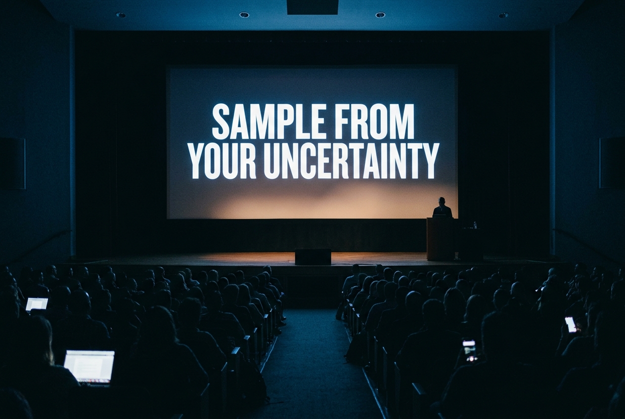 Reconstructed view from within a darkened auditorium toward a lit screen reading "Sample From Your Uncertainty". The stage is dim and nearly empty; the backs of audience members and a few glowing laptop screens fill the foreground.