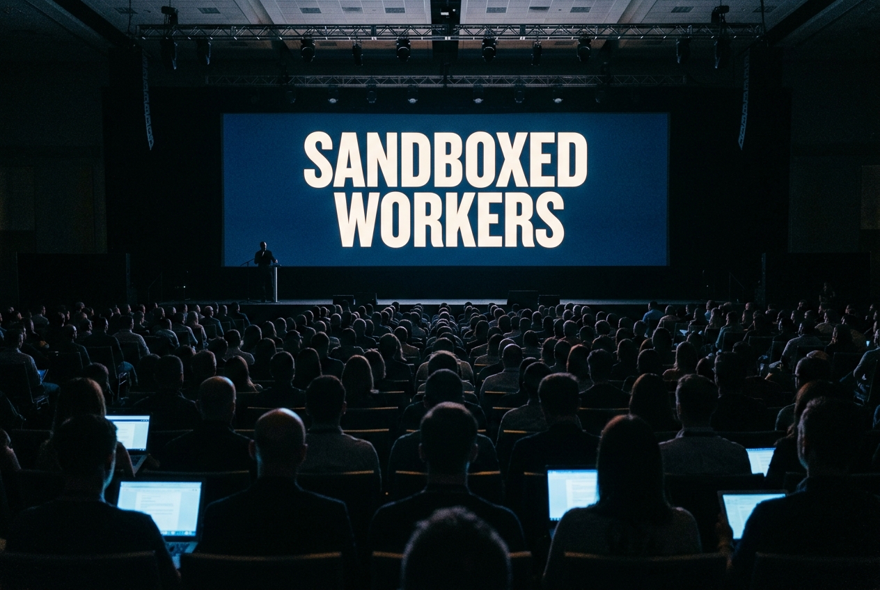 Reconstructed view from within a darkened auditorium toward a lit screen reading "Sandboxed Workers". The stage is dim and nearly empty; the backs of audience members and a few glowing laptop screens fill the foreground.