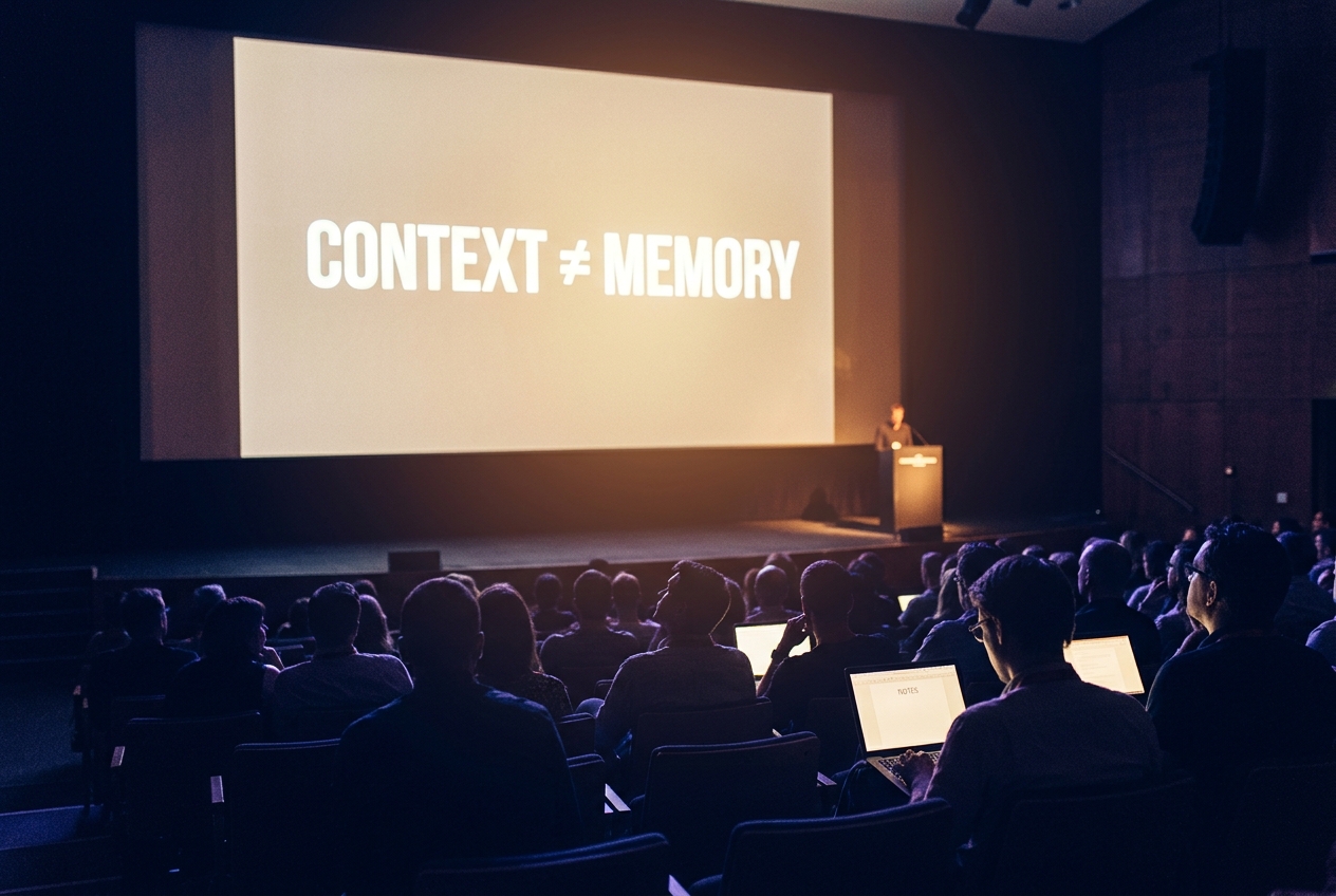 Reconstructed wide view from within a darkened auditorium toward an enormous lit screen reading "Context &ne; Memory". The stage below is dim and nearly empty, with only a small distant silhouette; the backs of seated audience members and a few glowing laptop screens fill the foreground.