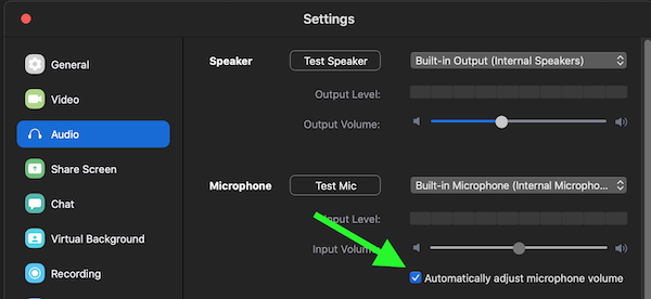 Screenshot of the Zoom settings dialog shows many options along the left side, including Audio (which is currently selected), and the detailed settings on the right pane of the interface. From top to bottom the audio settings include settings for the Speaker (a test speaker button, a speaker selector, an output volume indicator, and an output volume slider), followed by settings for the Microphone (a test mic button, a microphone selector, an input volume indicator, an input volume slider, and a checkbox that reads Automatically adjust microphone volume -- currently checked.)