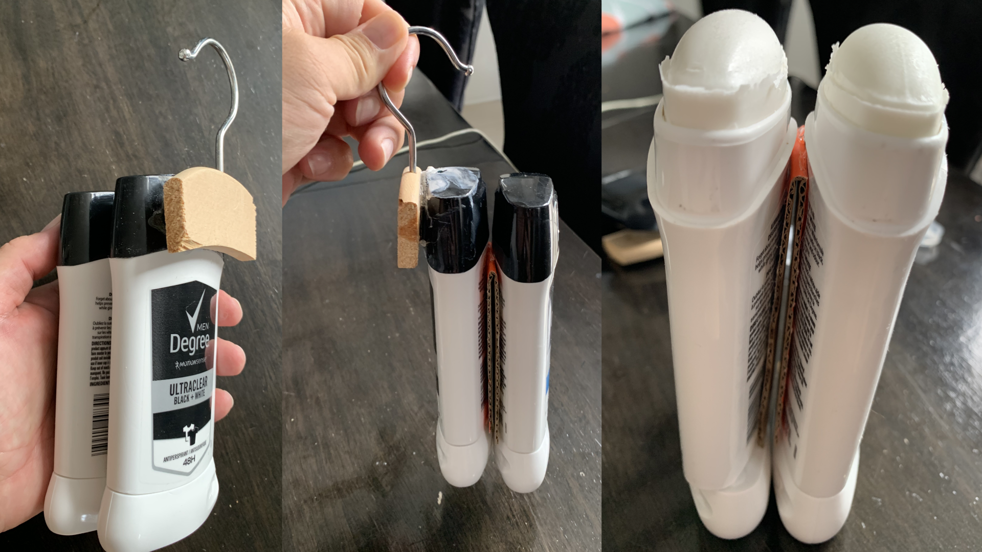 Three photos of the speaker's own bolt-on prototype. Left: a hand holds a Degree deodorant with a bent-wire hook and a small wooden clip added at the top. Middle: two deodorants joined by a folding piece of cardboard, hung from the wire hook. Right: a close-up of the two joined deodorants — their roll-on balls sit side by side to make one larger application surface. The hook and the larger applicator, added onto products that already existed.
