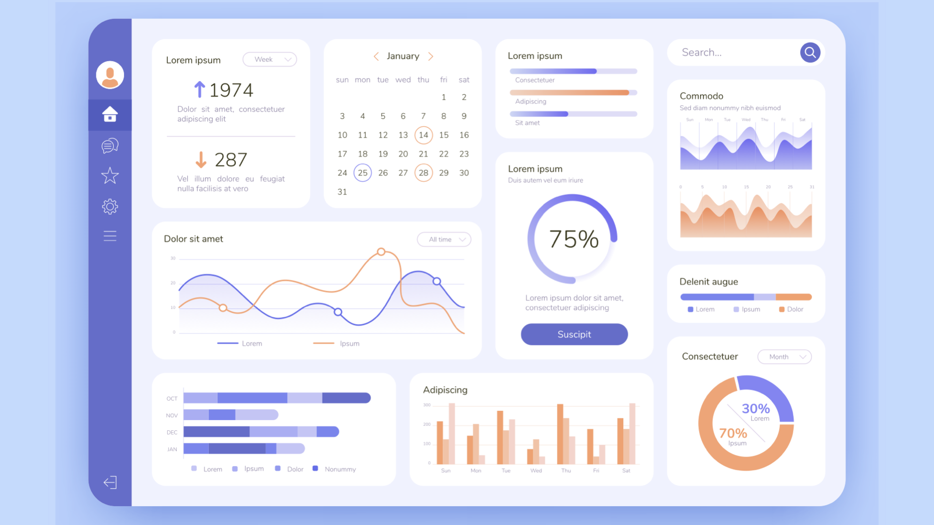 A product dashboard with a vertical strip of small icons running down the left-hand side and a grid of widgets — stats, a calendar, line and bar charts, a progress ring — filling the rest. The kind of screen whose left-hand icons all carry meaning and have to stay recognizable and distinguishable, including for people with low vision.