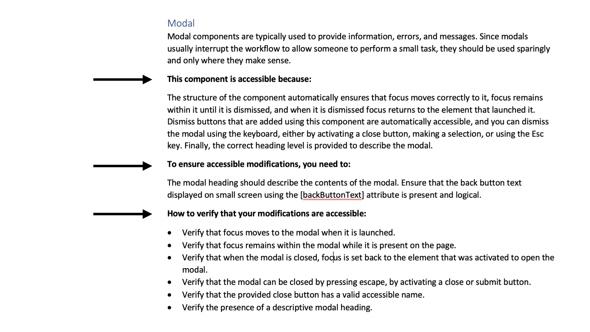 A worked example of good component documentation for a Modal. An intro notes modals interrupt the workflow and should be used sparingly, only where they make sense. Three labelled sections follow. ‘This component is accessible because:’ focus moves to the modal on open, focus stays within it, focus returns to the launching element on dismiss, it can be dismissed by keyboard, and the heading level is correct. ‘To ensure accessible modifications, you need to:’ keep the heading descriptive and make sure the back-button text shown on small screens is present and logical. ‘How to verify that your modifications are accessible:’ a checklist — focus moves to the modal on launch, focus stays within it while open, focus returns to the triggering element on close, Escape closes it, the close button has a valid accessible name, and the modal has a descriptive heading.
