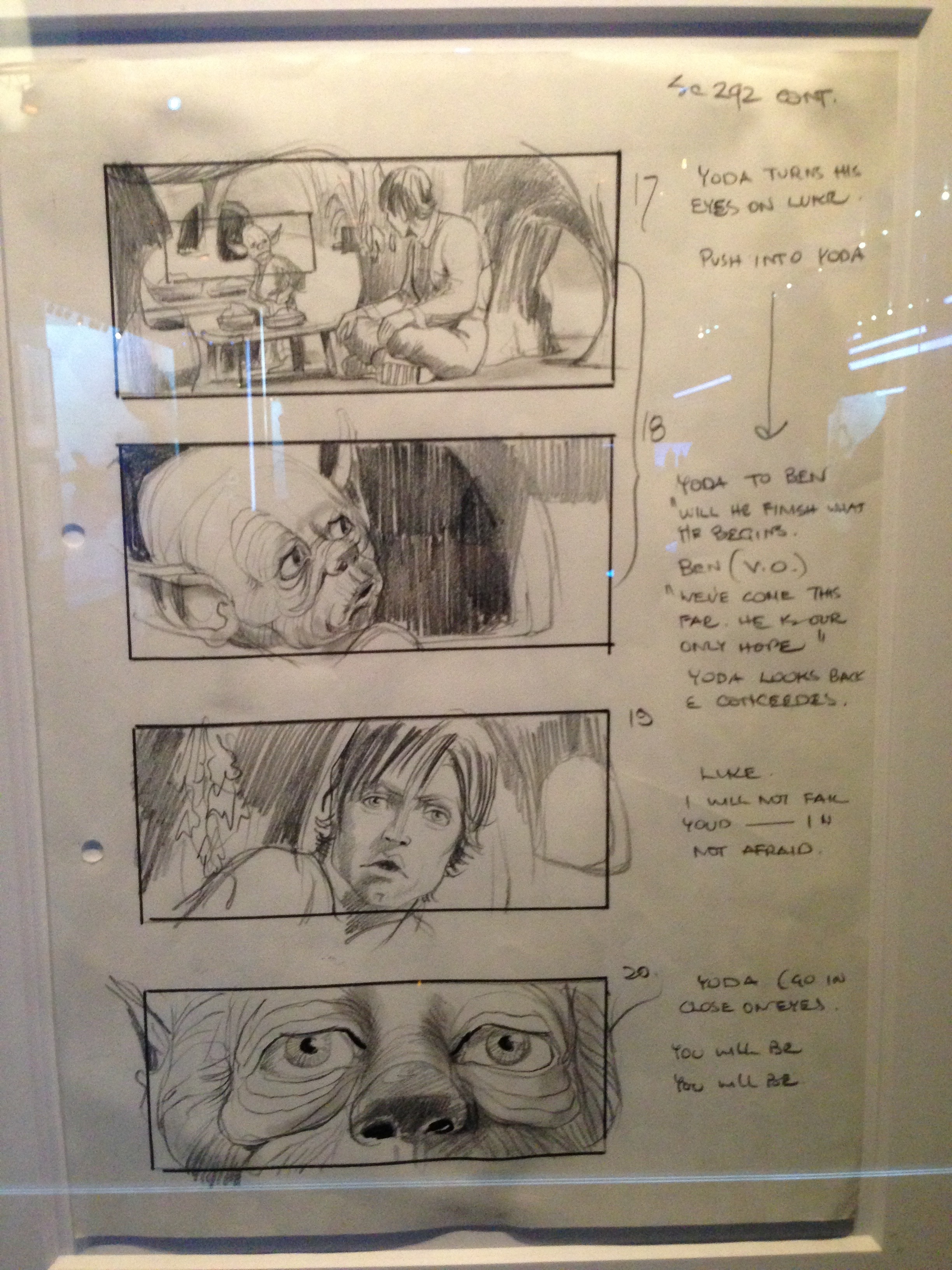 A second storyboard sheet, panels 17–20 — Yoda turning his eyes on Luke. Panel 17 has a large outer frame with a smaller frame drawn around Yoda’s head (a zoom instruction); the sequence ends on a tight close-on-the-eyes panel with the ‘You will be’ dialogue noted.