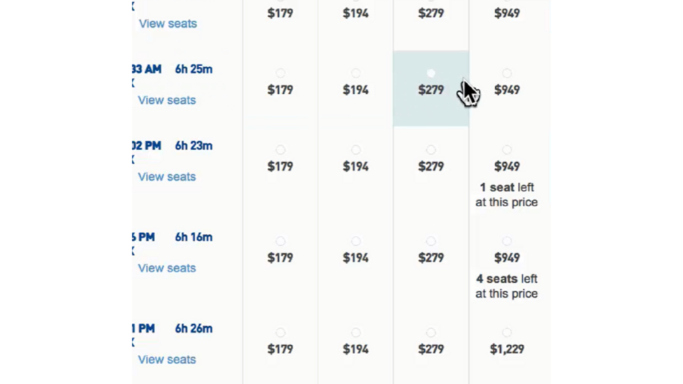 An airline flight-results grid: rows of departure times and ‘View seats,’ with columns of prices ($179, $194, $279, $949). In each price cell sits a faint, very low-contrast circular custom radio button — easy to miss as something you can click. One cell is highlighted with the cursor on it; two rows note ‘1 seat left at this price’ and ‘4 seats left at this price.’