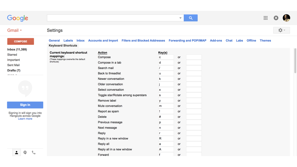 Gmail’s Settings → Keyboard Shortcuts screen, listing single-key mappings: Compose c, Compose in a tab d, Search mail /, Back to threadlist u, Newer conversation k, Older conversation j, Select conversation x, Remove label y, Mute m, Report as spam !, Delete #, Reply r, Reply all a, Forward f — each with an empty ‘or’ field for a custom alternate key.