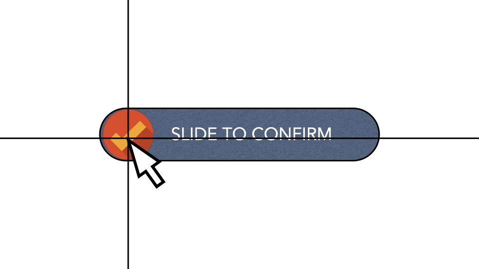 The same slide-to-confirm control with the handle activated — an orange disc with a checkmark — and crosshair lines centred on it, illustrating a switch-control user targeting the handle, with built-in ‘wiggle room’ around the target.