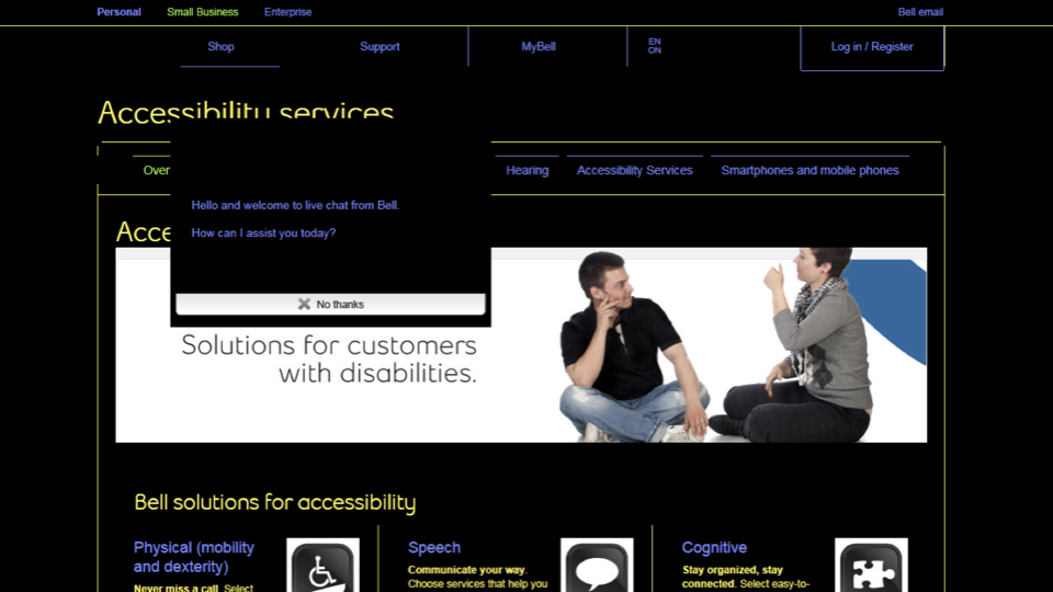 The Bell Canada accessibility-services page rendered in a high-contrast theme — black background, yellow and white text, the hero background image dropped out. A ‘Solutions for customers with disabilities’ banner and a live-chat dialog are shown; the chat dialog’s drop shadow has flattened away, so it no longer reads as sitting on top of the page.