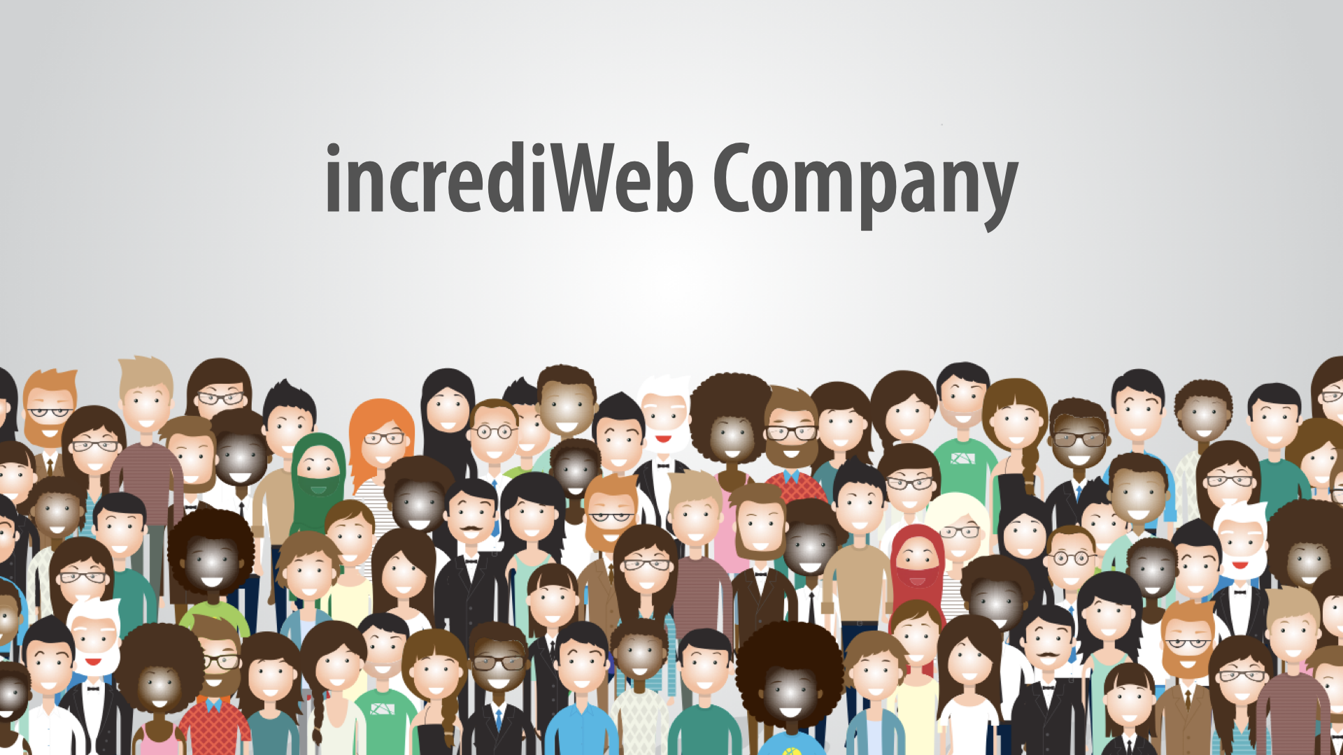 Slide headed ‘incrediWeb Company’ above a large illustrated crowd of stylized people — dozens of different faces, skin tones, hairstyles and outfits packed shoulder to shoulder — standing in for the fictional company and its staff.