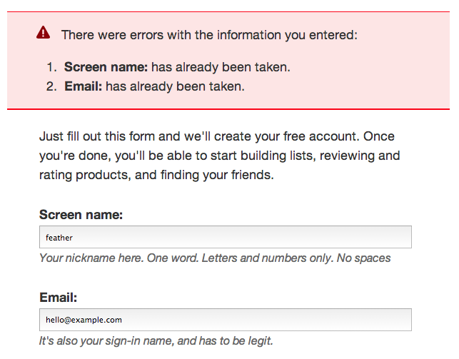 Form error messages area shown above two fields: Screen name and Email