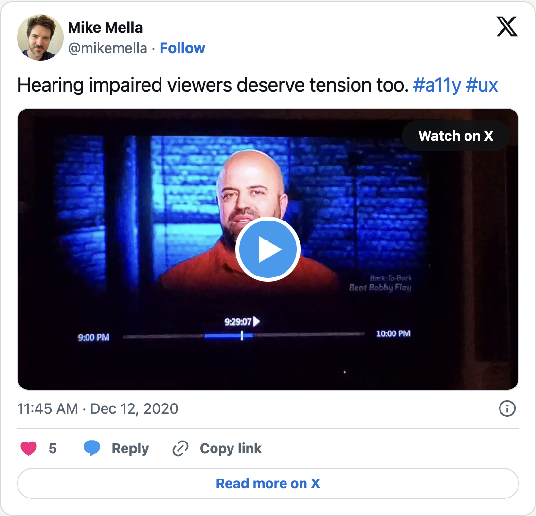 Hearing impaired viewers deserve tension too. #a11y #ux. The tweet includes a video clip described in the paragraphs that follow.